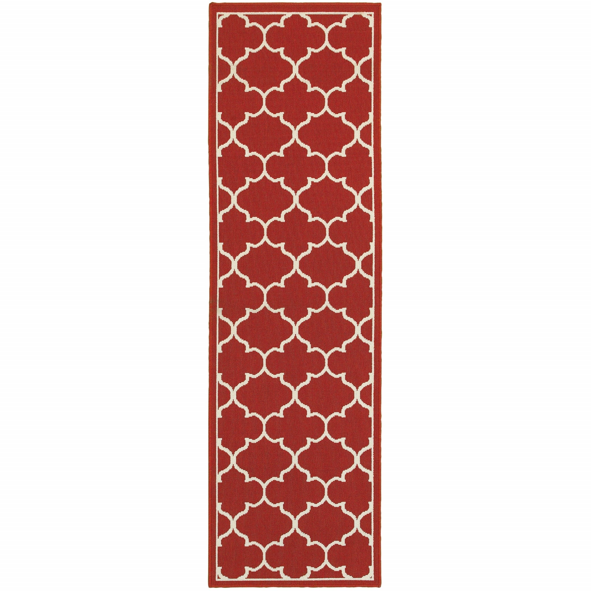 8' Red And Ivory Indoor Outdoor Runner Rug - Outdoor