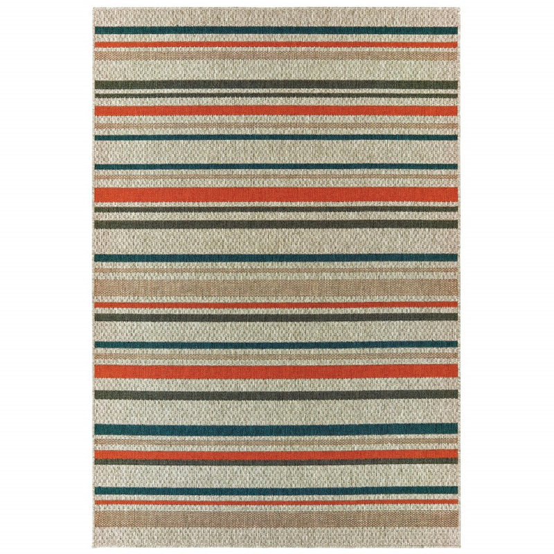 Rectangular striped area rug, beige background with navy gray and orange red stripe bands