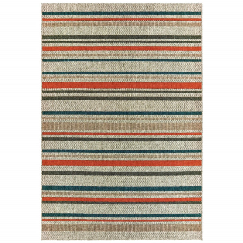 Full view striped area rug with beige field and alternating dark gray, blue, and orange stripes