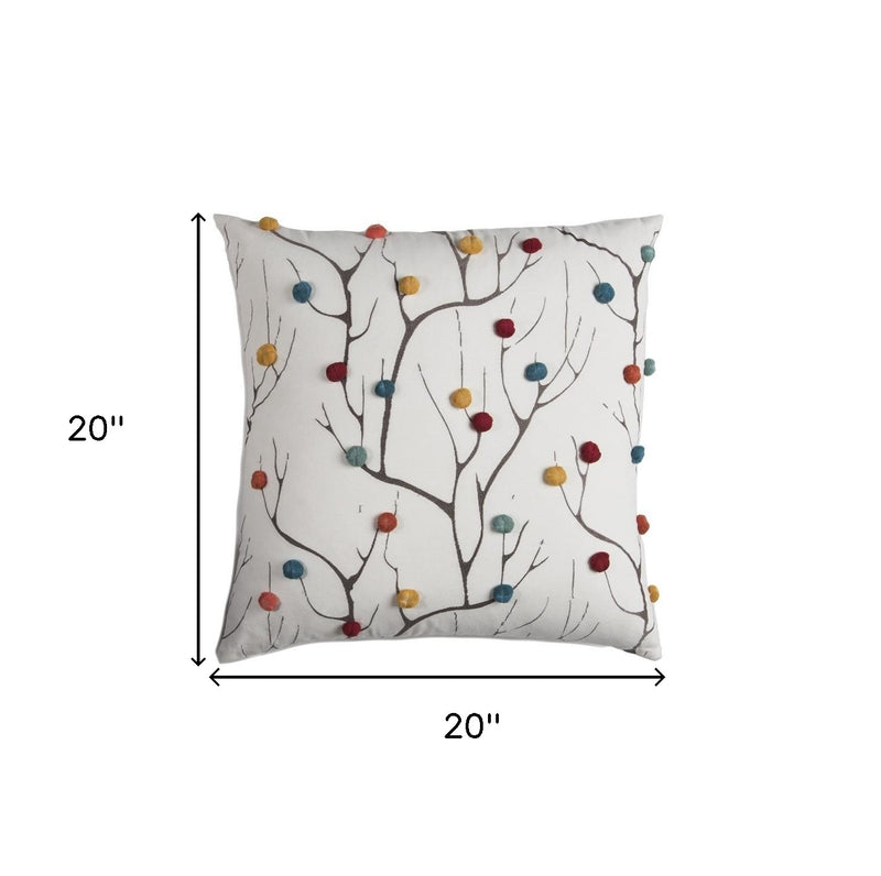 20" White And Black Coral Indoor Outdoor Throw Pillow With Pompoms - Outdoor