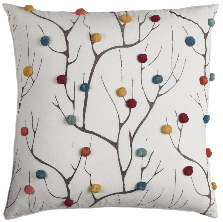 20" White And Black Coral Indoor Outdoor Throw Pillow With Pompoms - Outdoor
