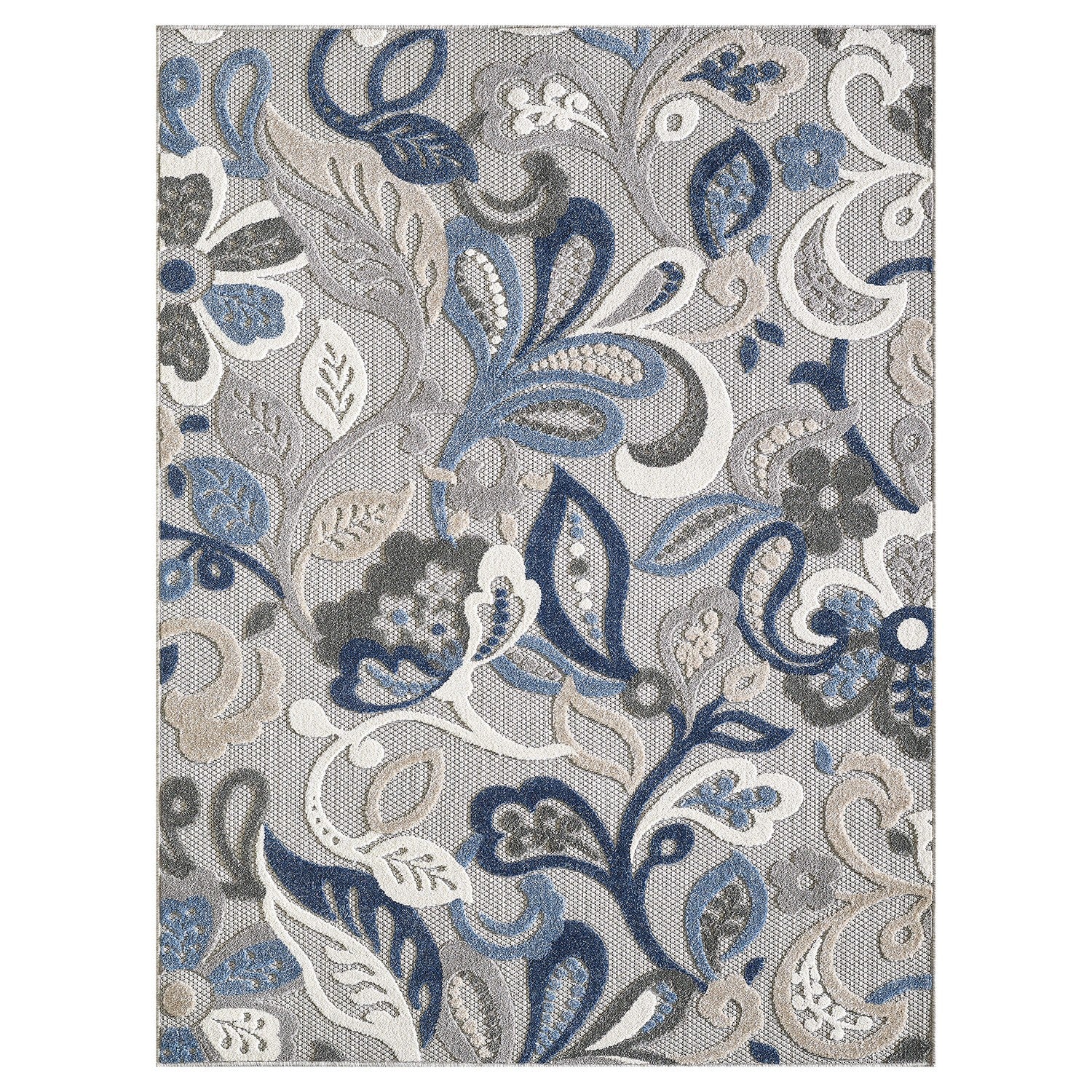 Square view of indoor/outdoor area rug with gray, white, and blue floral scroll design