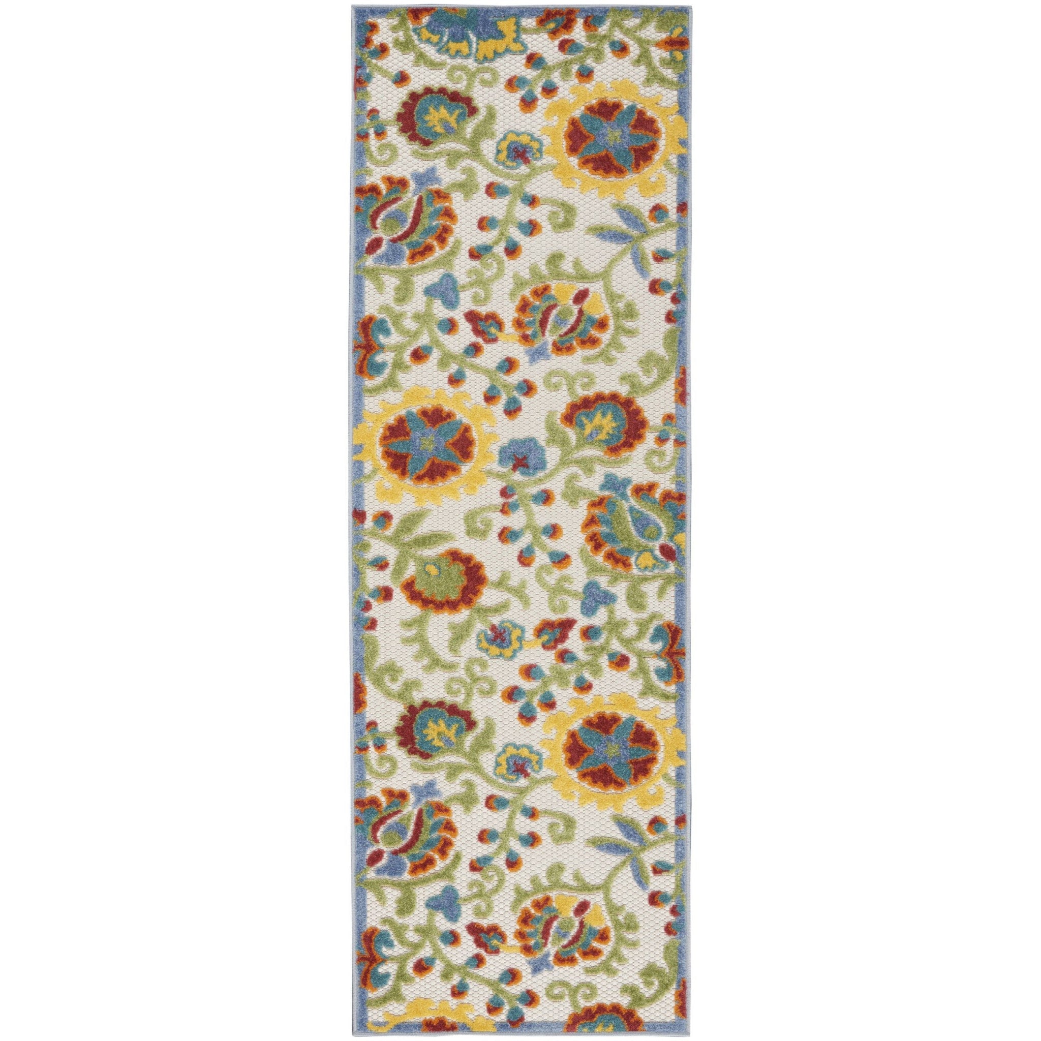 8' Green And Ivory Indoor Outdoor Runner Rug - Outdoor
