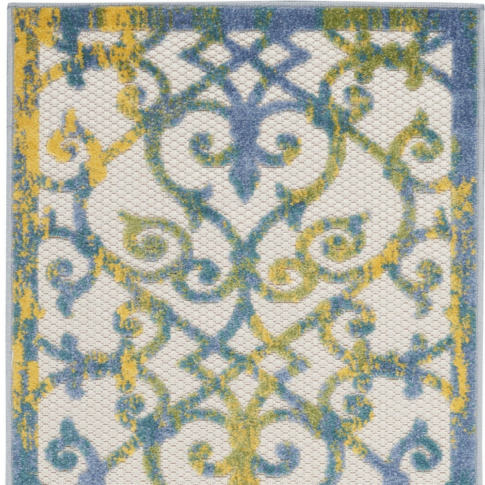 8' Ivory And Blue Indoor Outdoor Area Rug - Outdoor