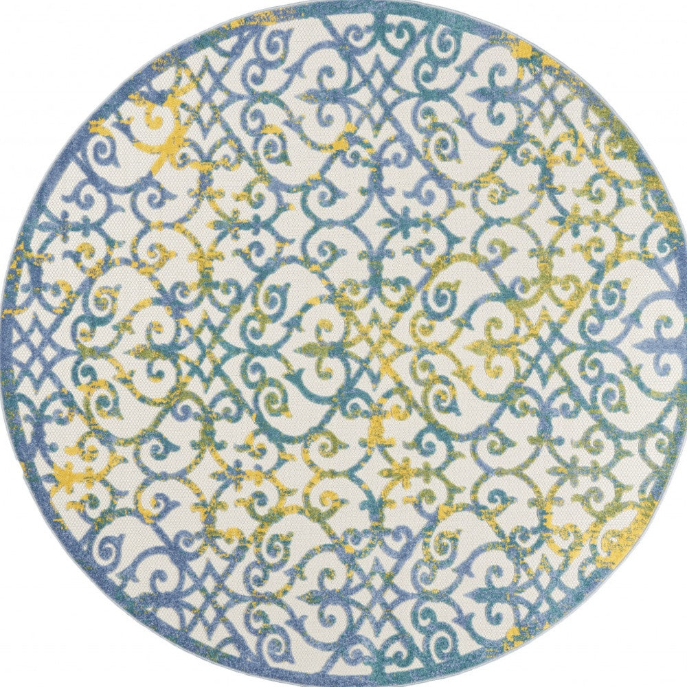 8' X 8' Ivory And Blue Round Indoor Outdoor Area Rug - Outdoor