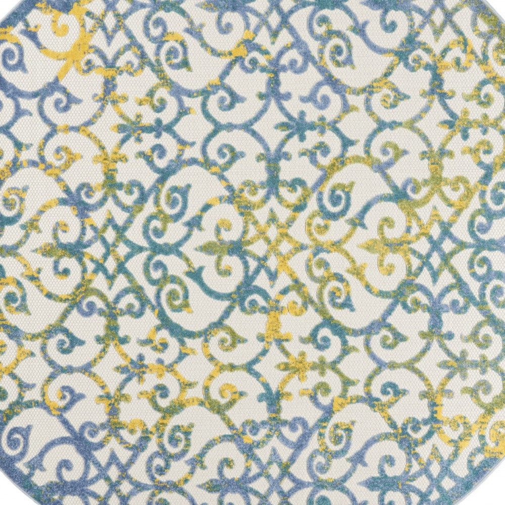 8' X 8' Ivory And Blue Round Indoor Outdoor Area Rug - Outdoor