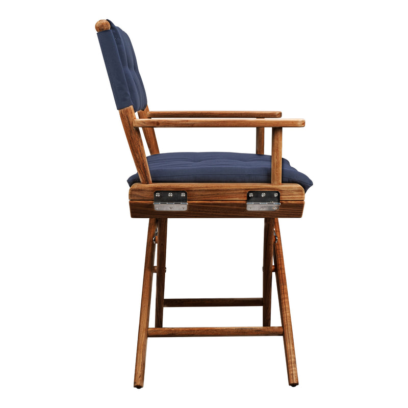 Wood director chair with navy cushion on folding frame and metal latch hardware