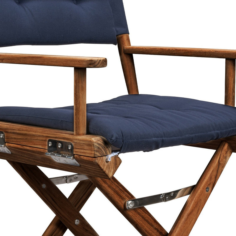 Navy-cushioned wood director chair with metal brackets on folding frame