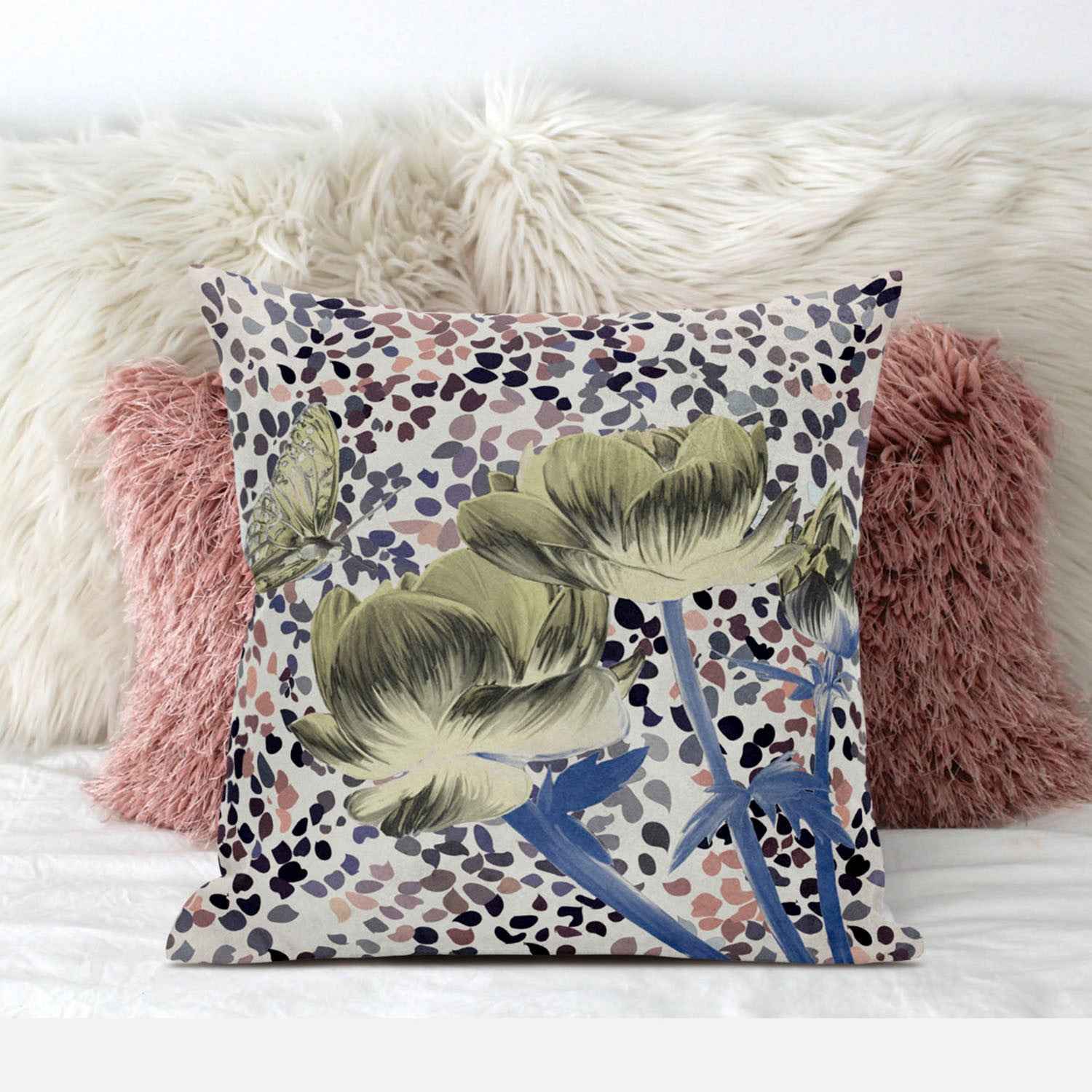 18" x 18" Blue and Yellow Butterfly Blown Seam Floral Indoor Outdoor Throw Pillow