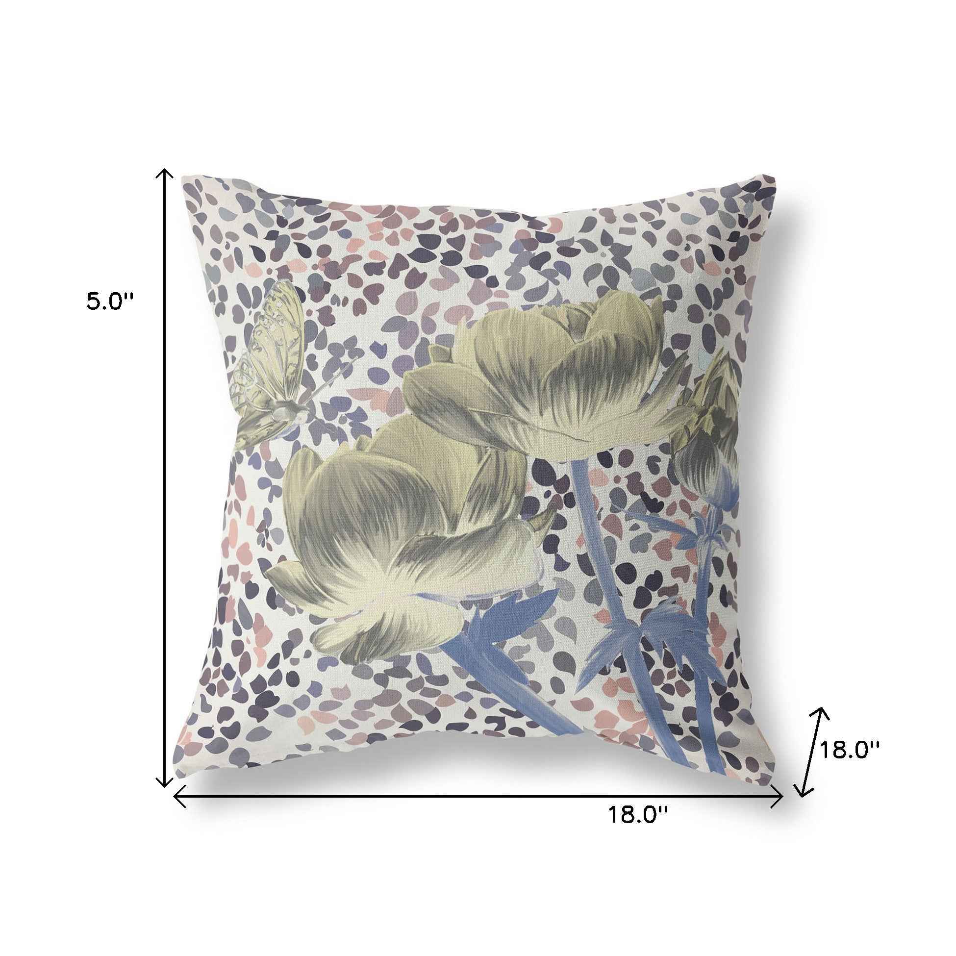 18" x 18" Blue and Yellow Butterfly Blown Seam Floral Indoor Outdoor Throw Pillow