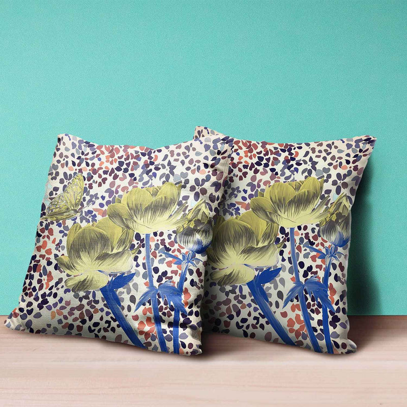 18" x 18" Yellow Butterfly Blown Seam Floral Indoor Outdoor Throw Pillow