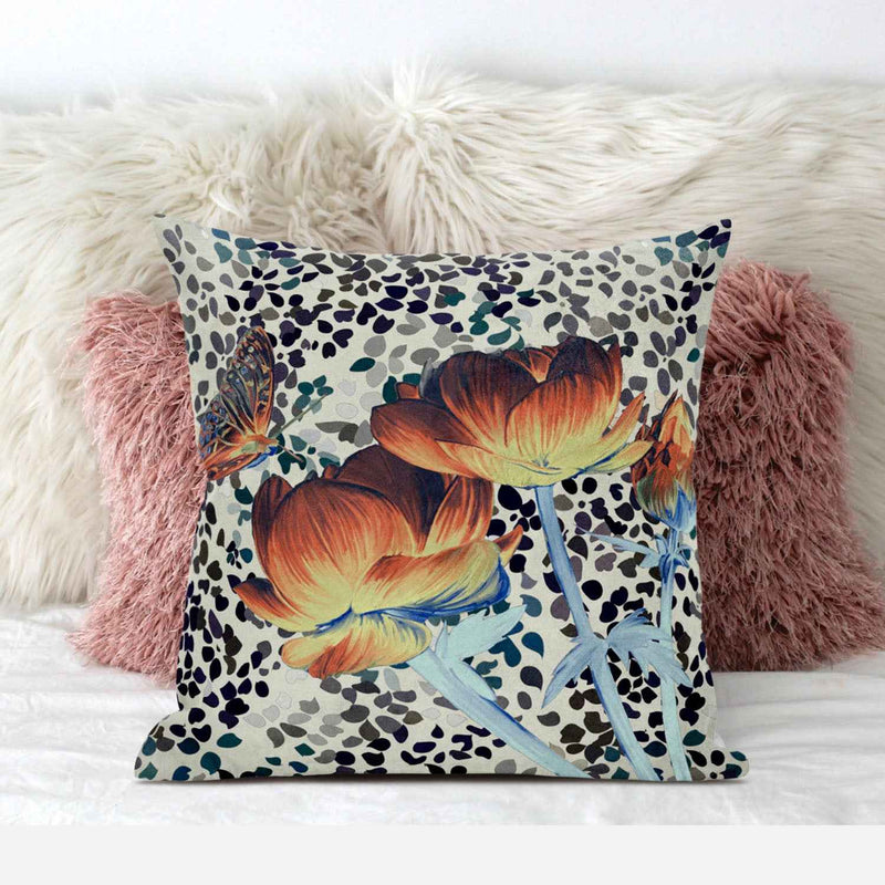 16" x 16" Orange Butterfly Blown Seam Floral Indoor Outdoor Throw Pillow