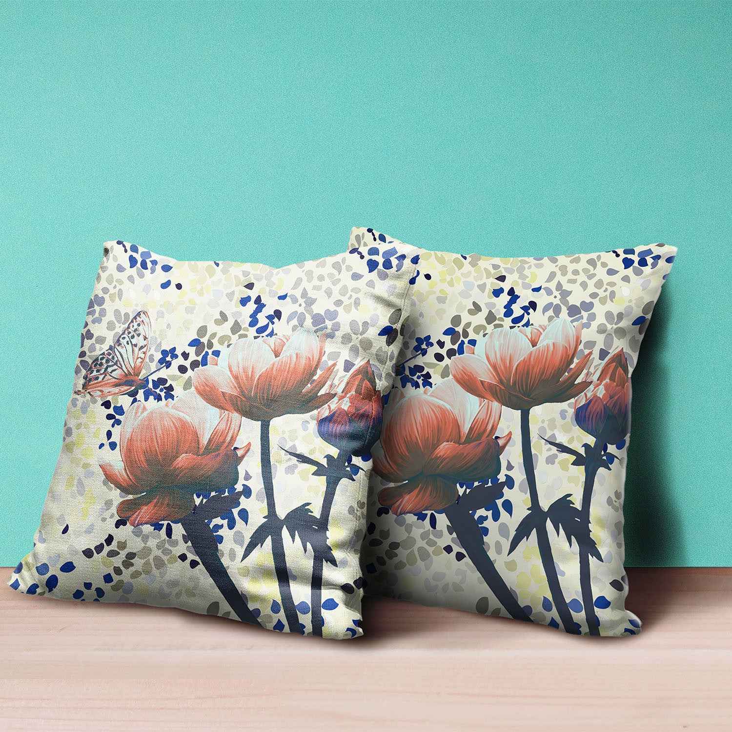 18" x 18" Orange Butterfly Blown Seam Floral Indoor Outdoor Throw Pillow