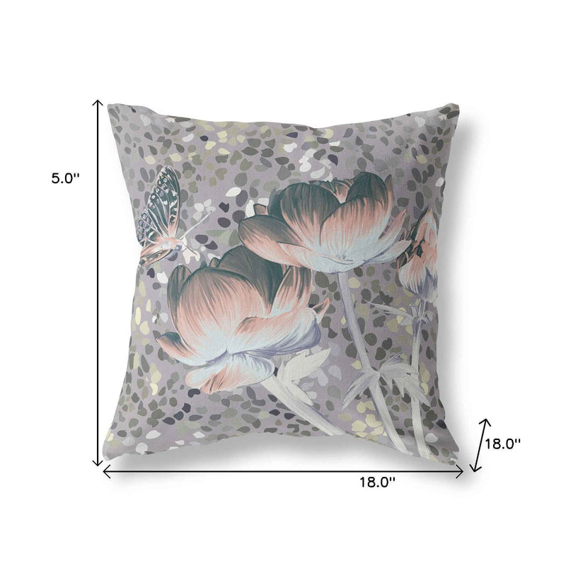18" x 18" Pink Butterfly Blown Seam Floral Indoor Outdoor Throw Pillow