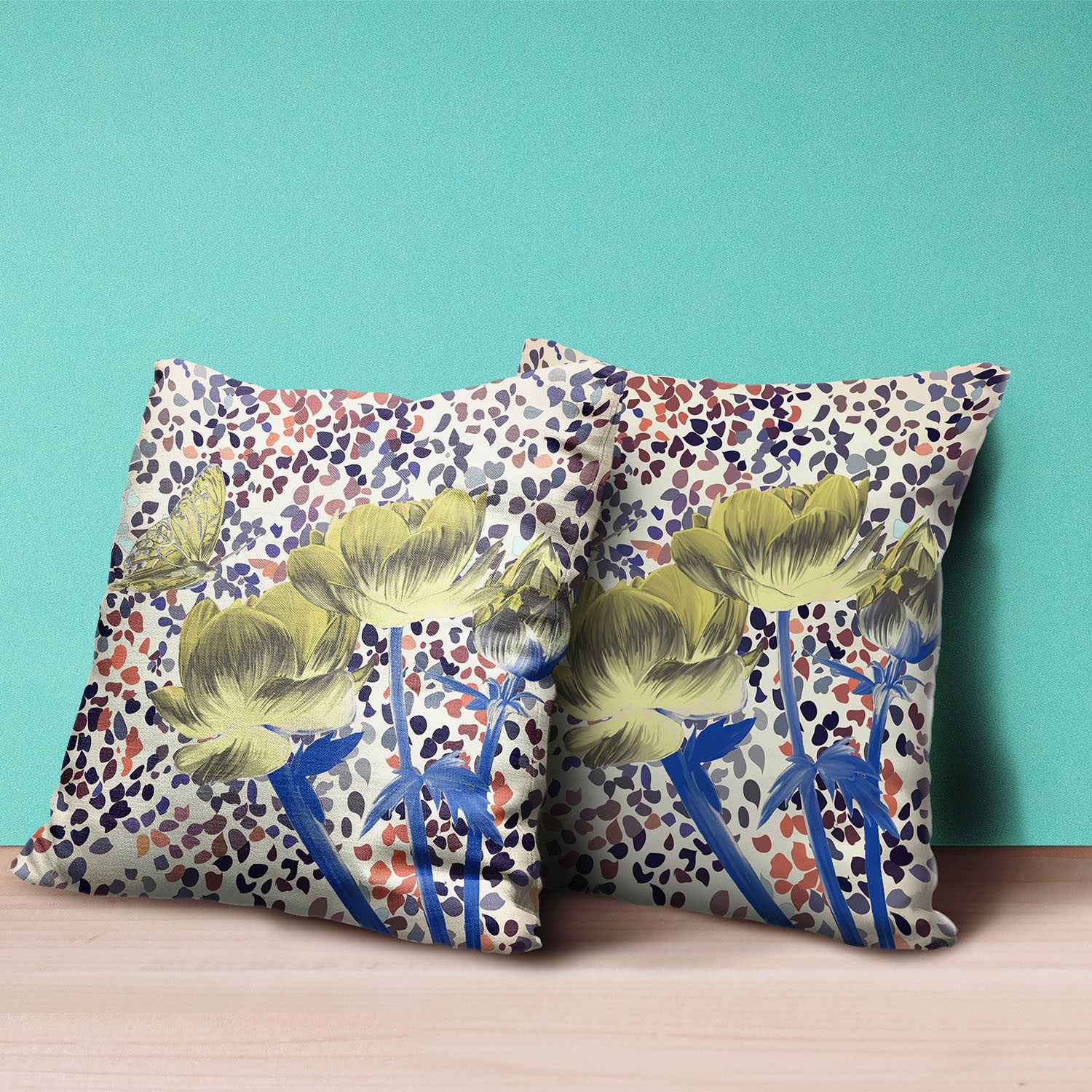 26" x 26" Yellow Butterfly Blown Seam Floral Indoor Outdoor Throw Pillow