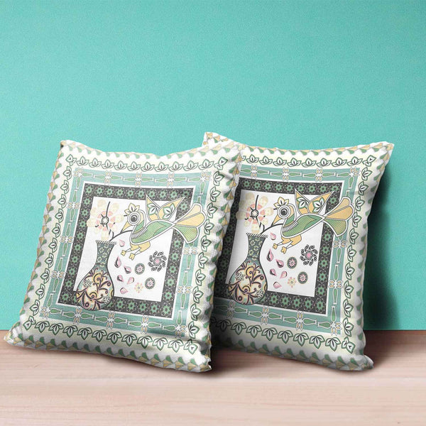 20" x 20" Green and White Bird Blown Seam Floral Indoor Outdoor Throw Pillow