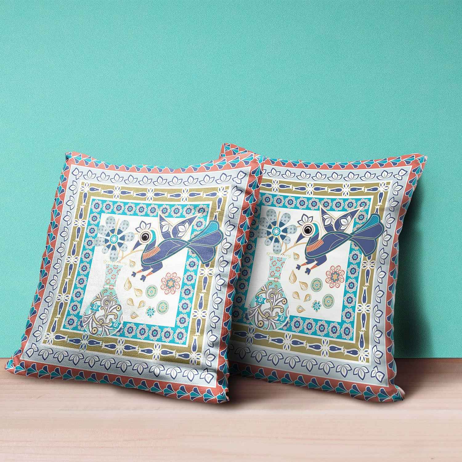 18" x 18" Light Green Peacock Blown Seam Floral Indoor Outdoor Throw Pillow