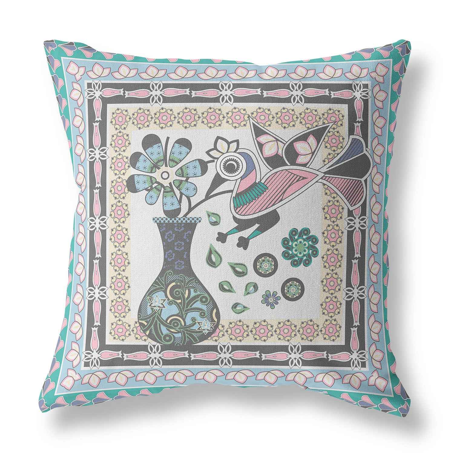 16" x 16" Gray Peacock Blown Seam Floral Indoor Outdoor Throw Pillow