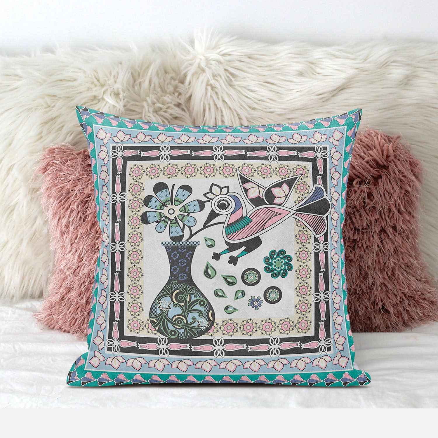 16" x 16" Gray Peacock Blown Seam Floral Indoor Outdoor Throw Pillow