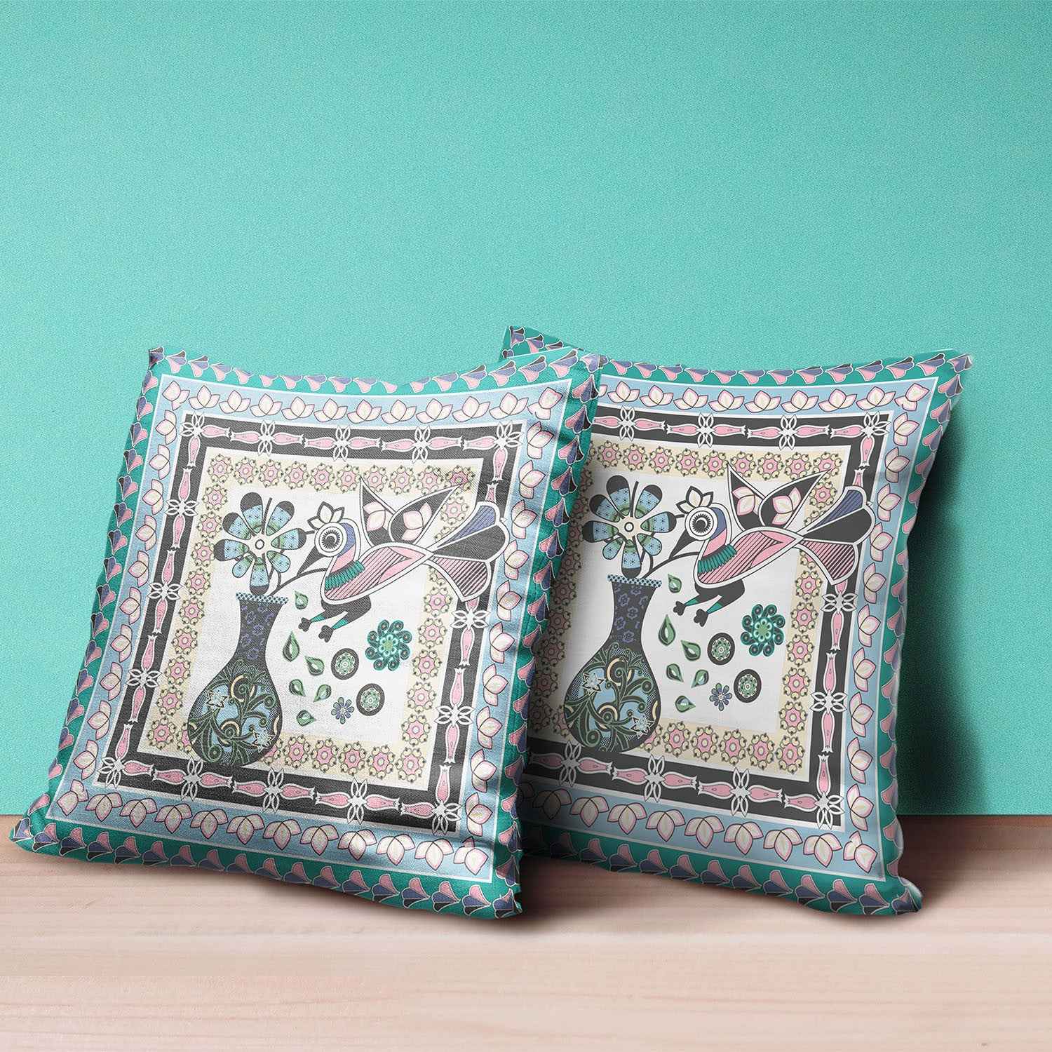 18" x 18" Gray Peacock Blown Seam Floral Indoor Outdoor Throw Pillow