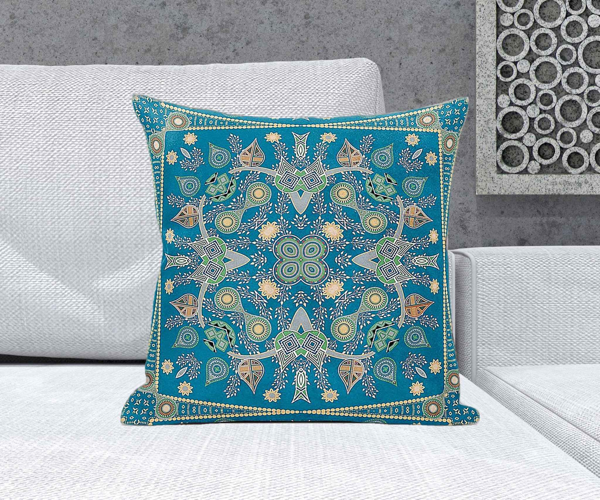 20" X 20" Aqua And Gold Blown Seam Floral Indoor Outdoor Throw Pillow