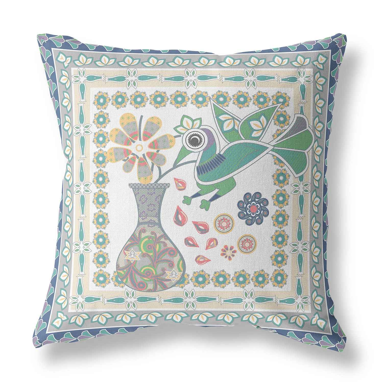 20" x 20" Cream Peacock Blown Seam Floral Indoor Outdoor Throw Pillow