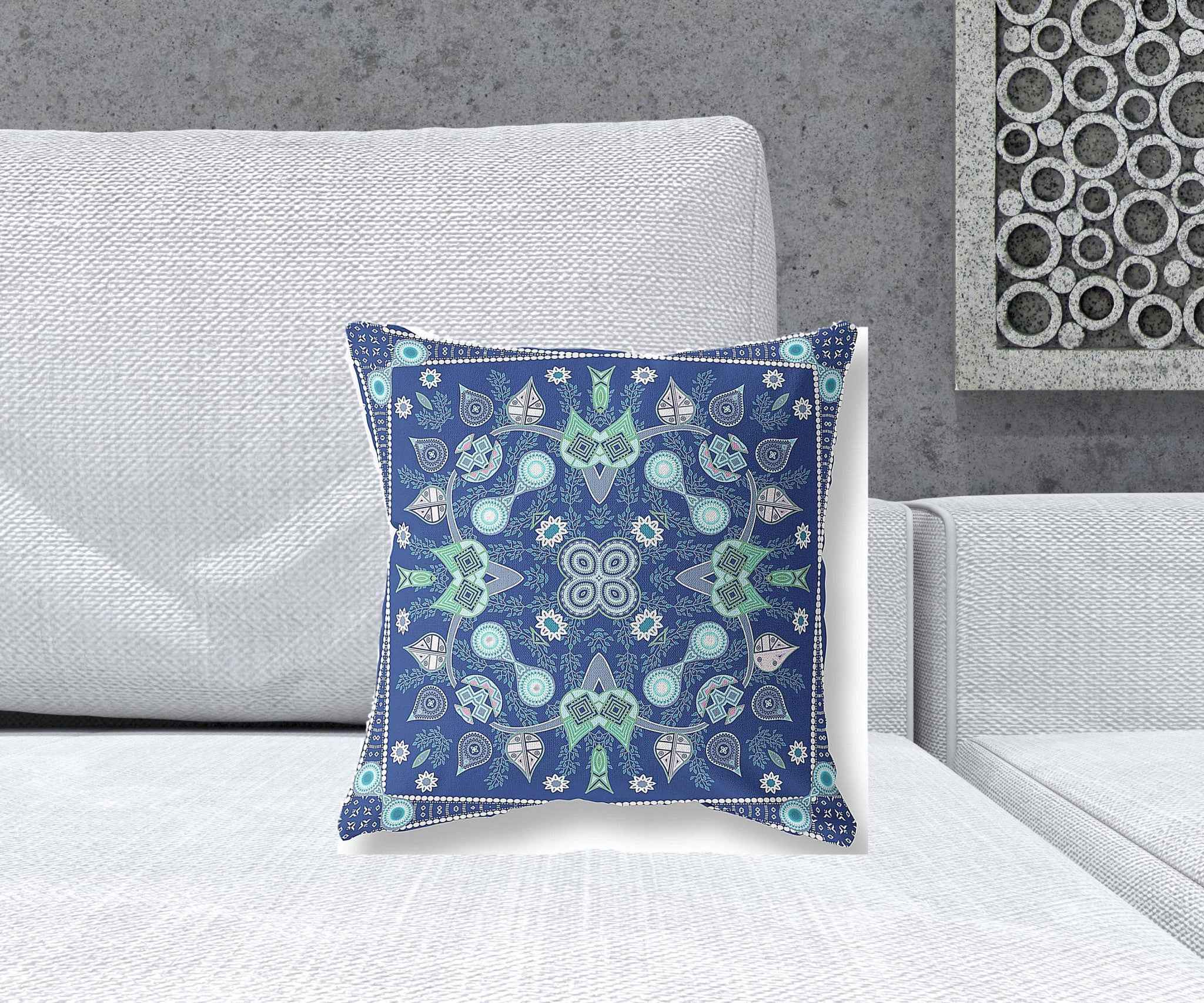 16" x 16" Midnight Blue Blown Seam Paisley Indoor Outdoor Throw Pillow