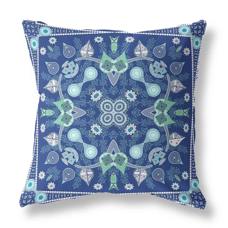 16" x 16" Midnight Blue Blown Seam Paisley Indoor Outdoor Throw Pillow