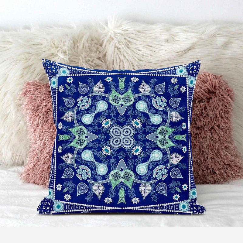 16" x 16" Midnight Blue Blown Seam Paisley Indoor Outdoor Throw Pillow