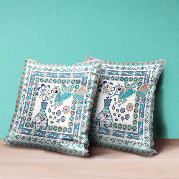 26" x 26" Off White Peacock Blown Seam Floral Indoor Outdoor Throw Pillow