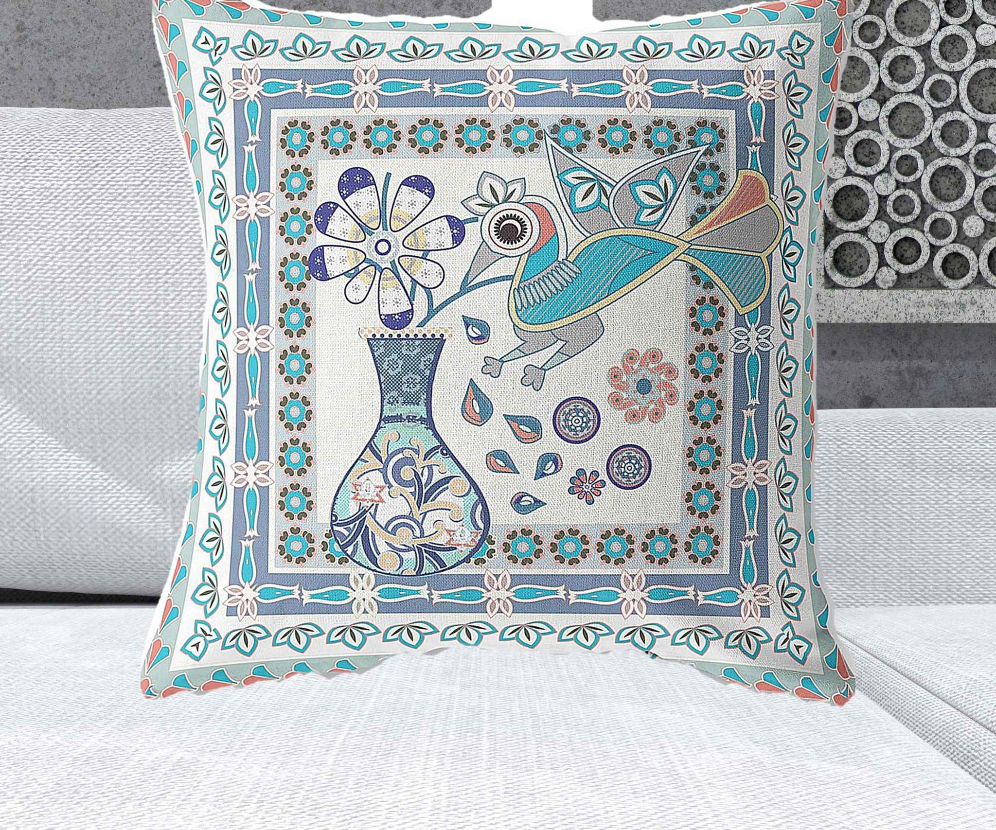 26" x 26" Off White Peacock Blown Seam Floral Indoor Outdoor Throw Pillow