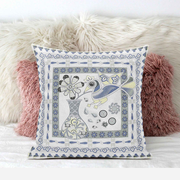 20" X 20" Gray and White Peacock Blown Seam Floral Indoor Outdoor Throw Pillow