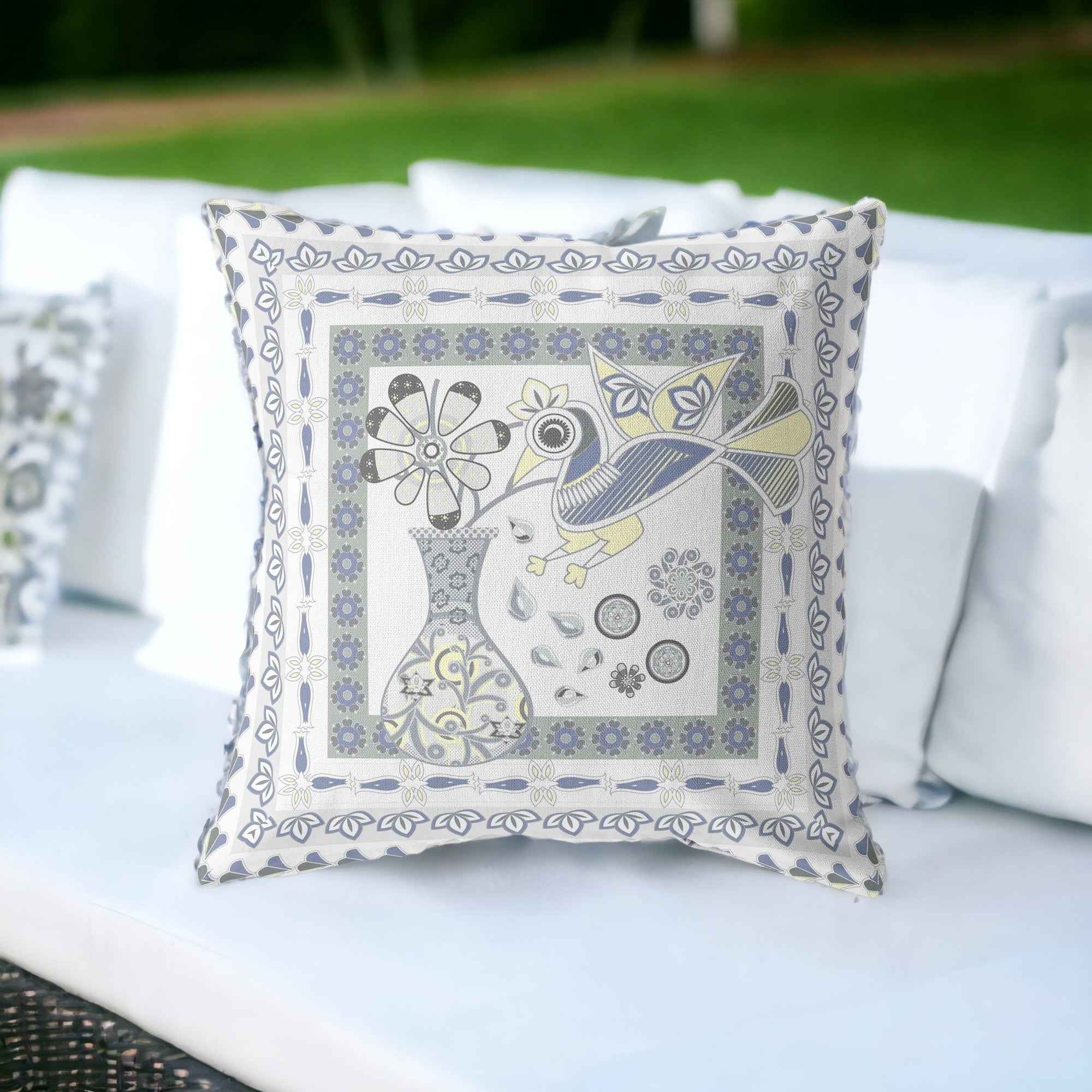 20" X 20" Gray and White Peacock Blown Seam Floral Indoor Outdoor Throw Pillow