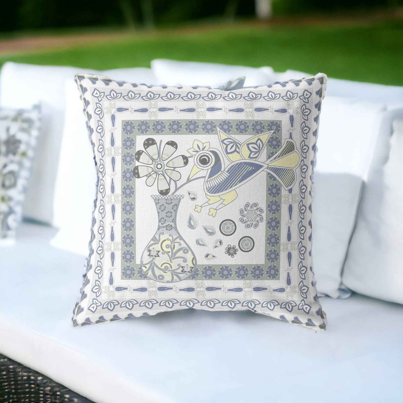 20" X 20" Gray and White Peacock Blown Seam Floral Indoor Outdoor Throw Pillow