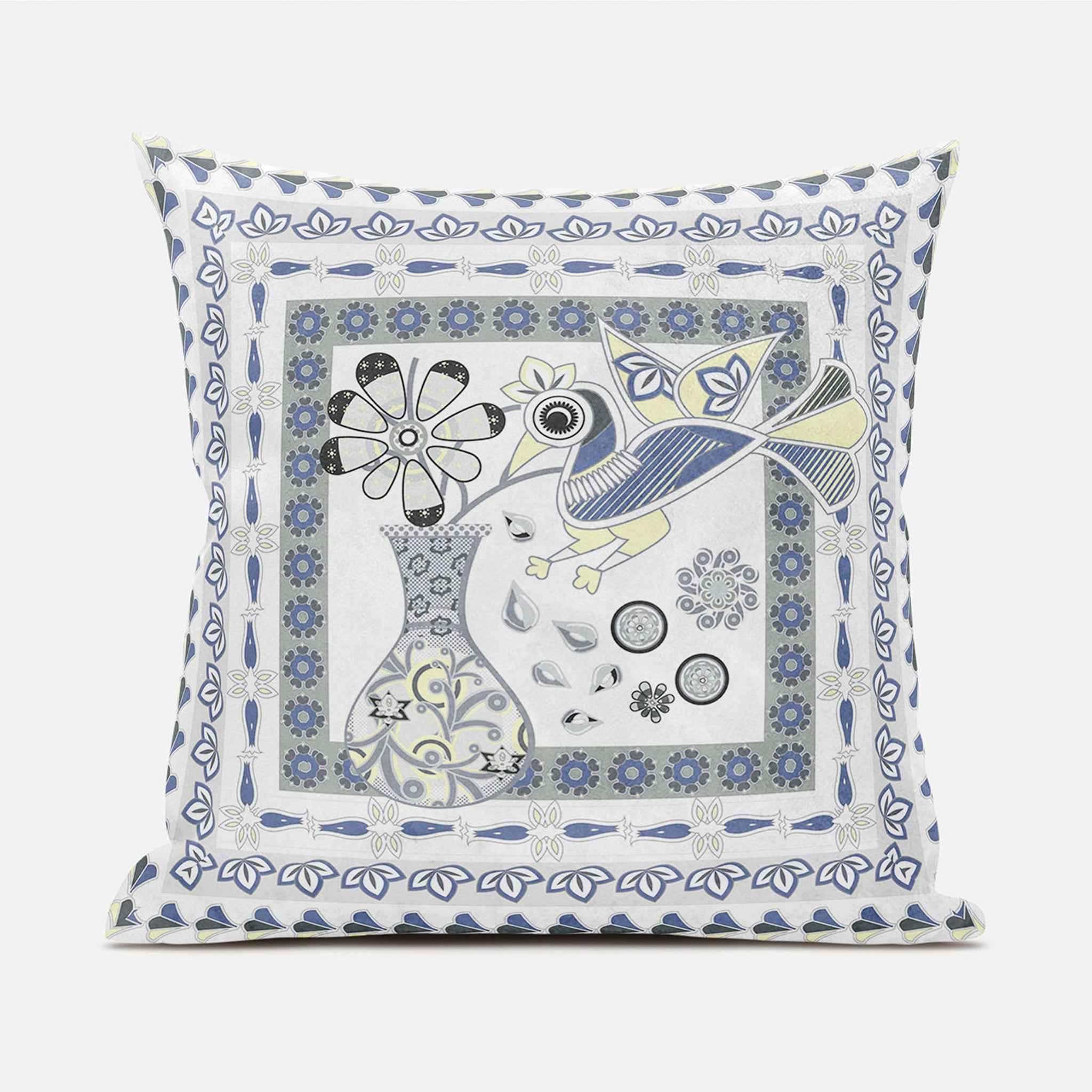 20" X 20" Gray and White Peacock Blown Seam Floral Indoor Outdoor Throw Pillow