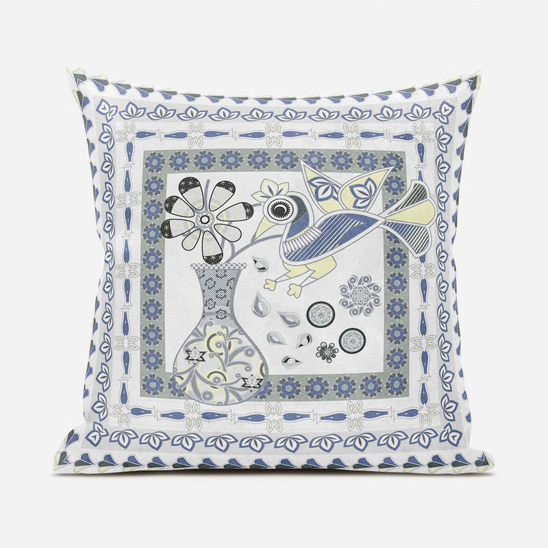 20" X 20" Gray and White Peacock Blown Seam Floral Indoor Outdoor Throw Pillow