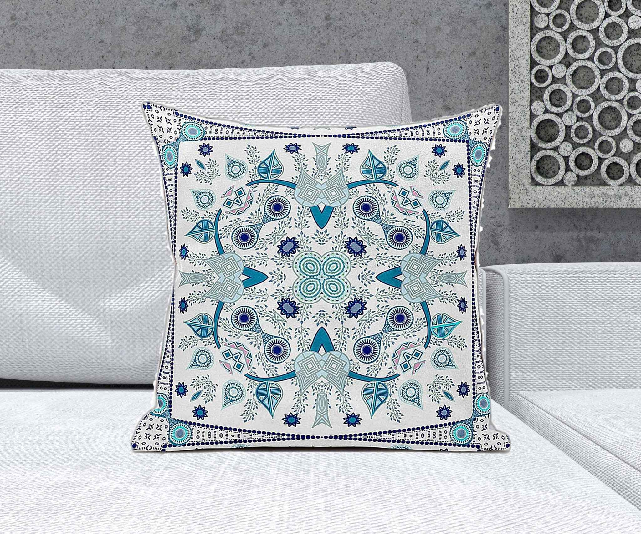 20" x 20" Blue and White Blown Seam Paisley Indoor Outdoor Throw Pillow
