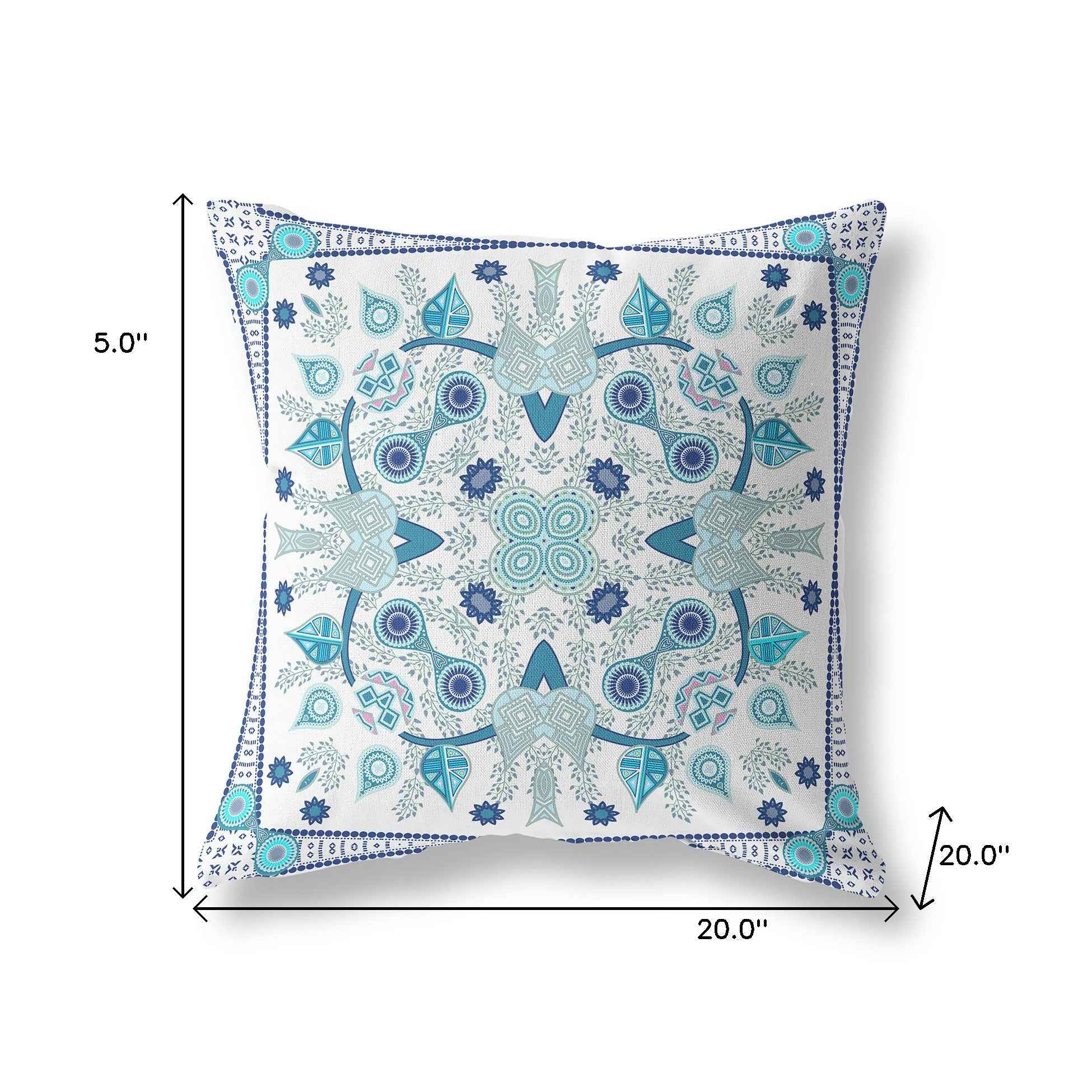 20" x 20" Blue and White Blown Seam Paisley Indoor Outdoor Throw Pillow
