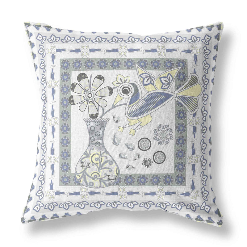 20" X 20" Gray and White Peacock Blown Seam Floral Indoor Outdoor Throw Pillow