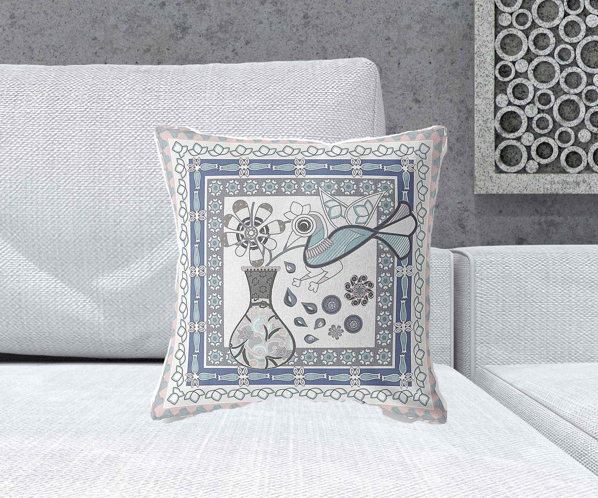 18" x 18" Pink and White Bird Blown Seam Floral Indoor Outdoor Throw Pillow