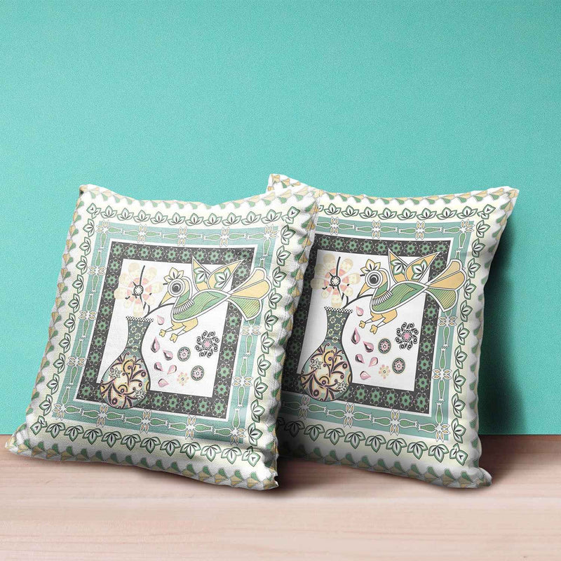 26" x 26" Green and White Bird Blown Seam Floral Indoor Outdoor Throw Pillow