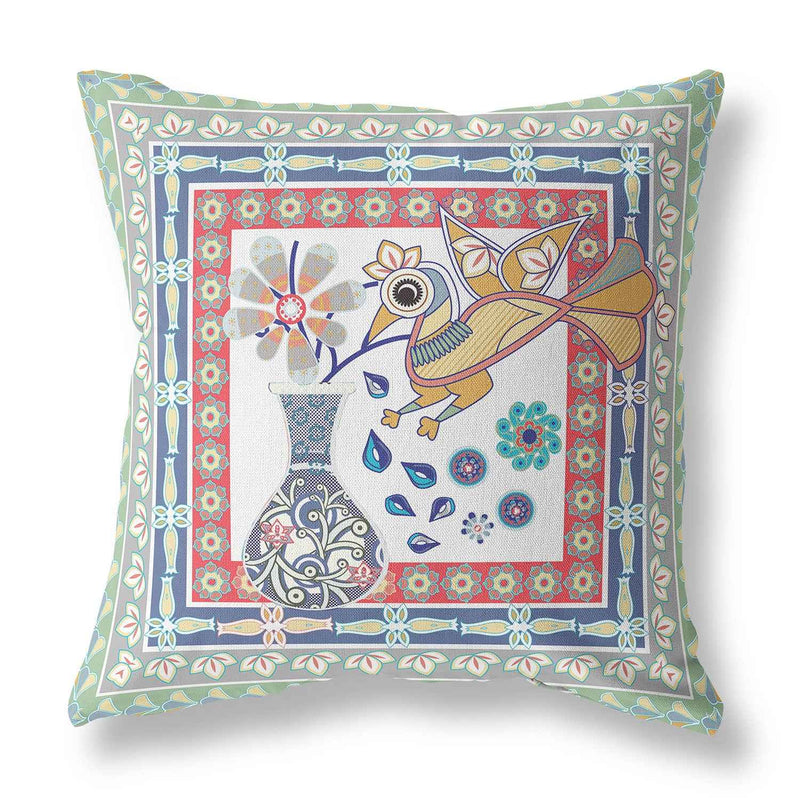 16" x 16" Red Bird Blown Seam Abstract Indoor Outdoor Throw Pillow