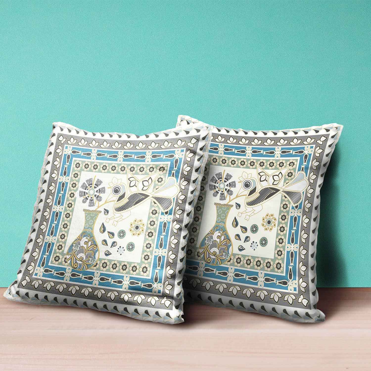 26" x 26" Off White Peacock Blown Seam Floral Indoor Outdoor Throw Pillow