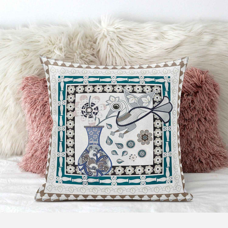 18" x 18" Off White Peacock Blown Seam Floral Indoor Outdoor Throw Pillow