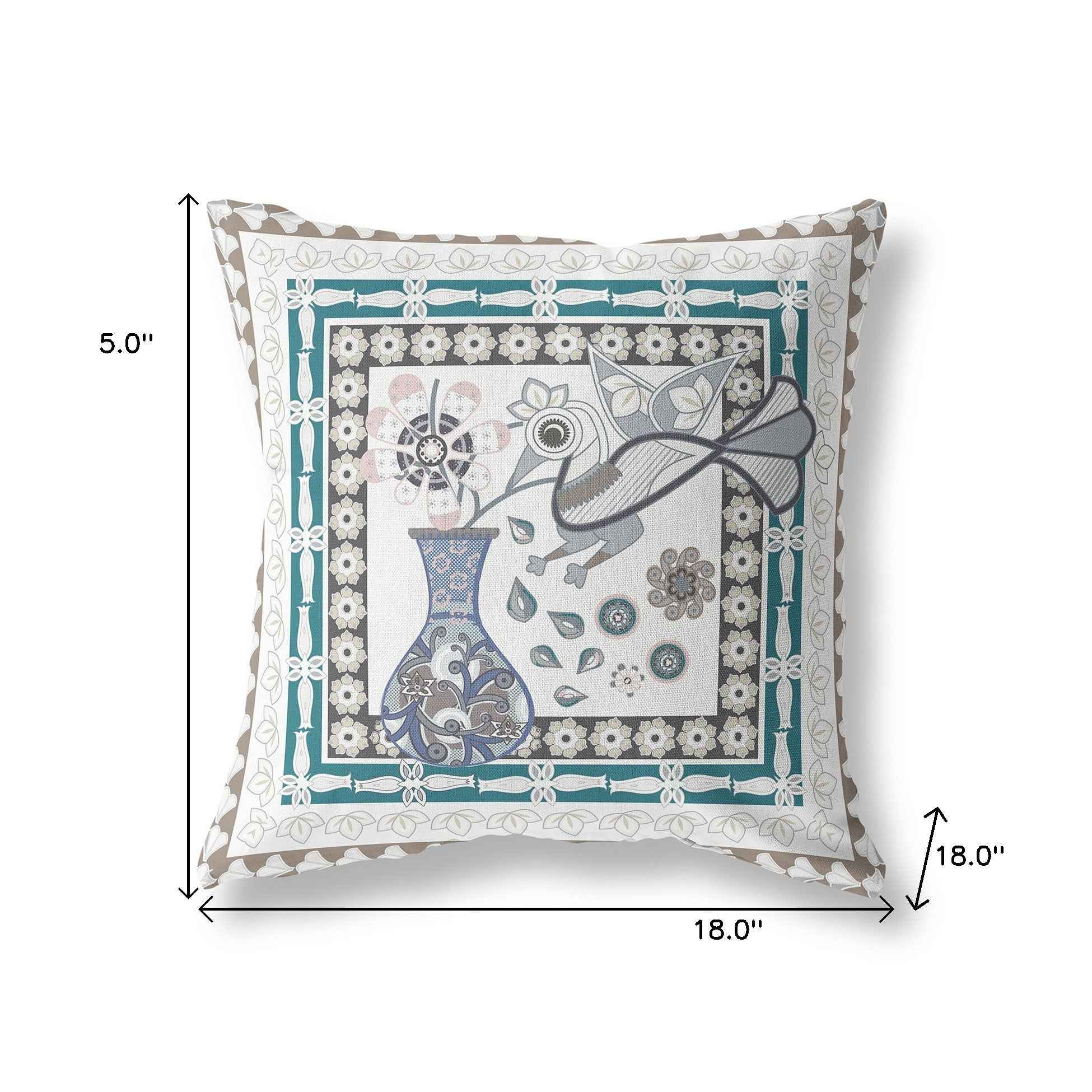 18" x 18" Off White Peacock Blown Seam Floral Indoor Outdoor Throw Pillow