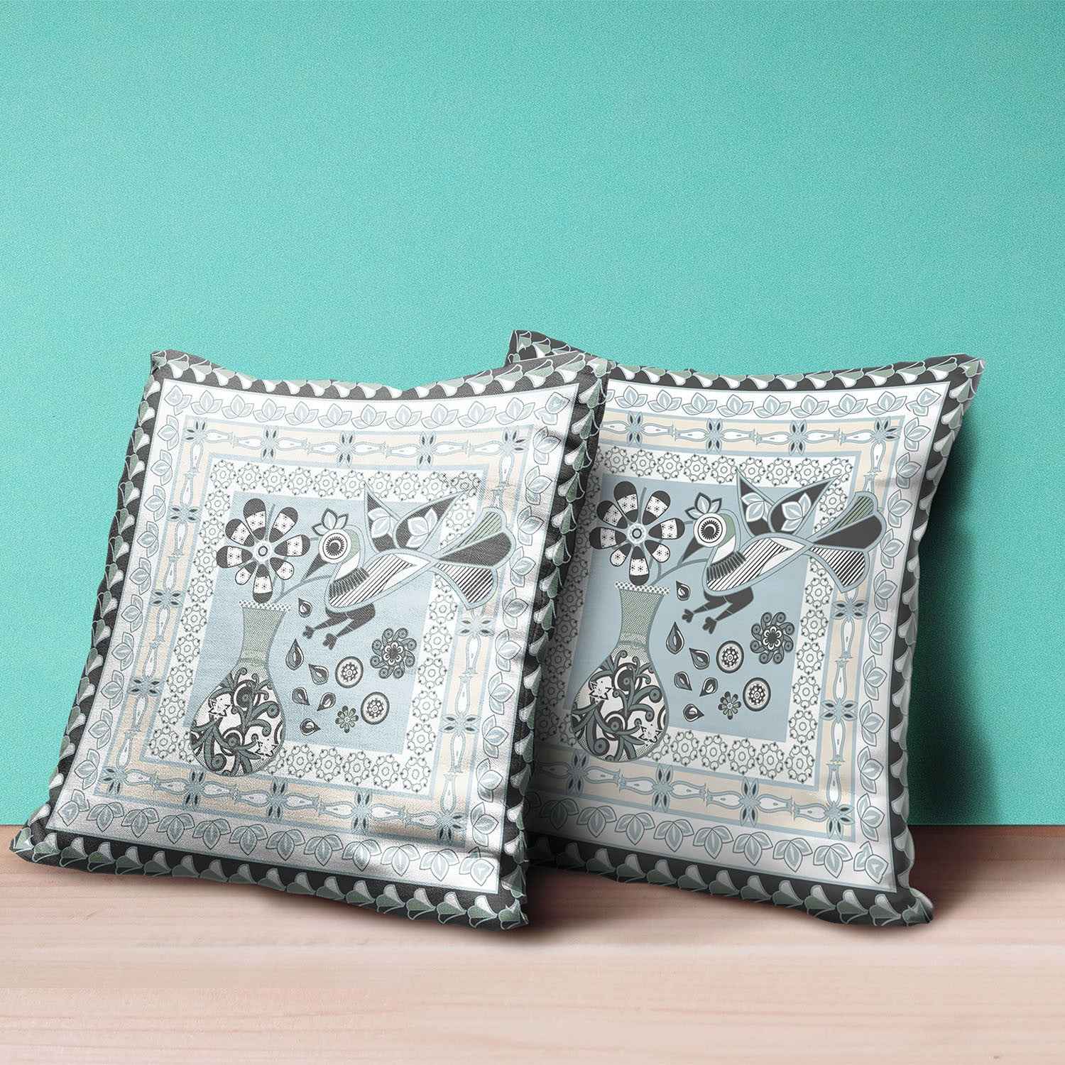 16" x 16" Cream Peacock Blown Seam Floral Indoor Outdoor Throw Pillow