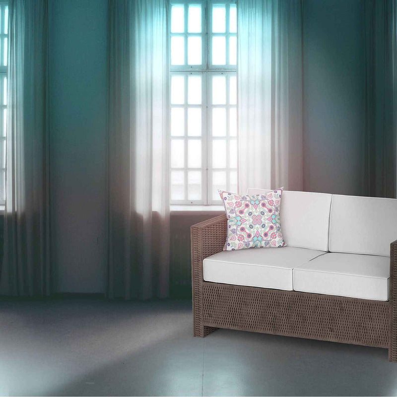 16" X 16" White And Blue Blown Seam Floral Indoor Outdoor Throw Pillow