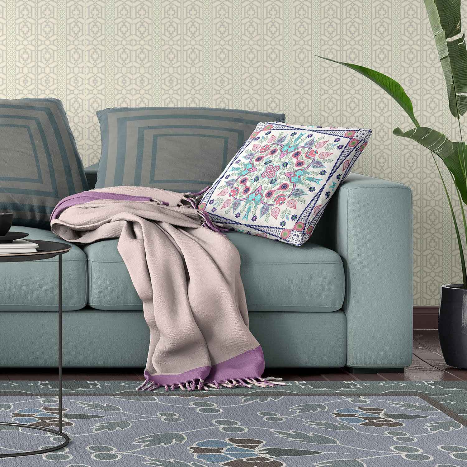 16" X 16" White And Blue Blown Seam Floral Indoor Outdoor Throw Pillow