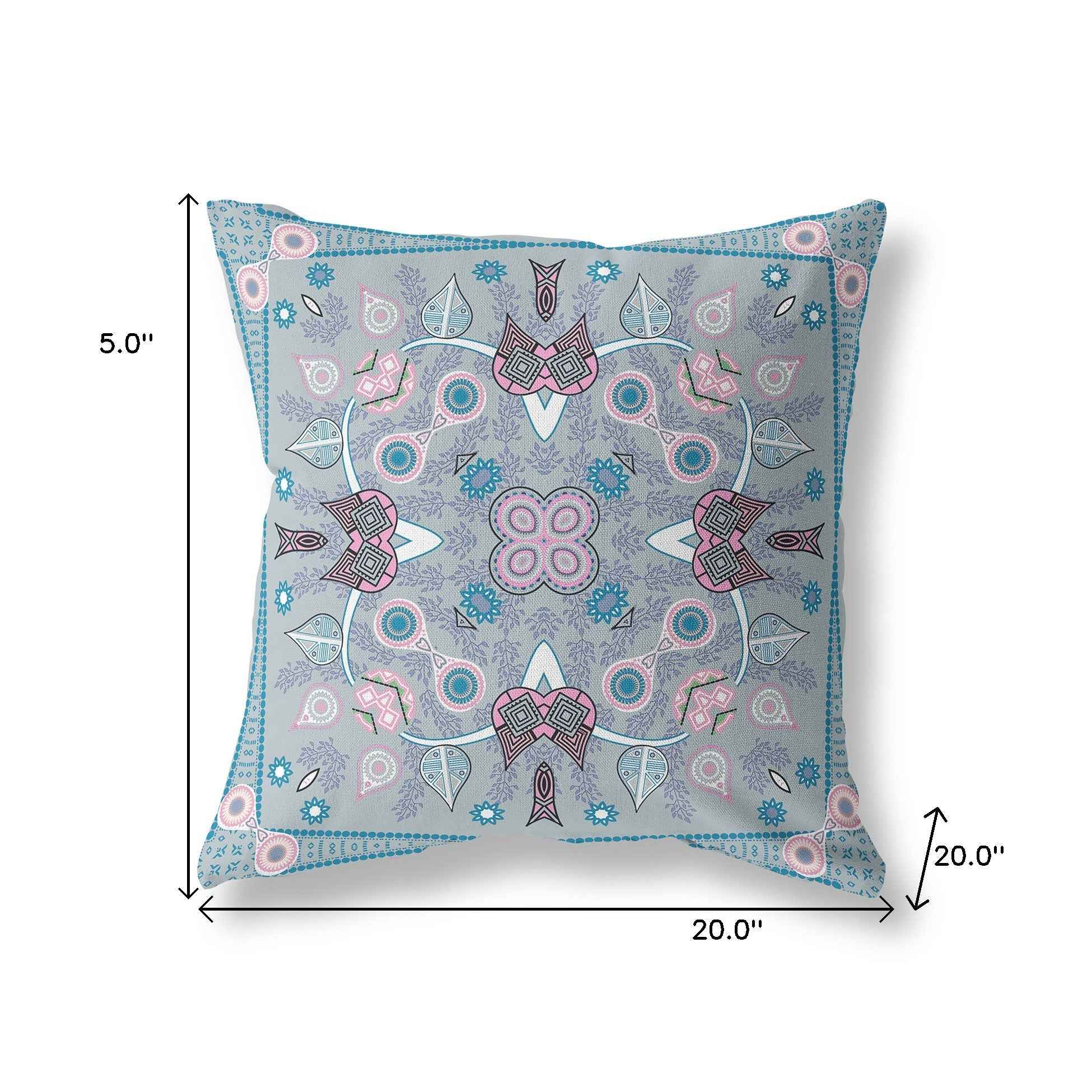 20" X 20" Grey And Pink Blown Seam Floral Indoor Outdoor Throw Pillow