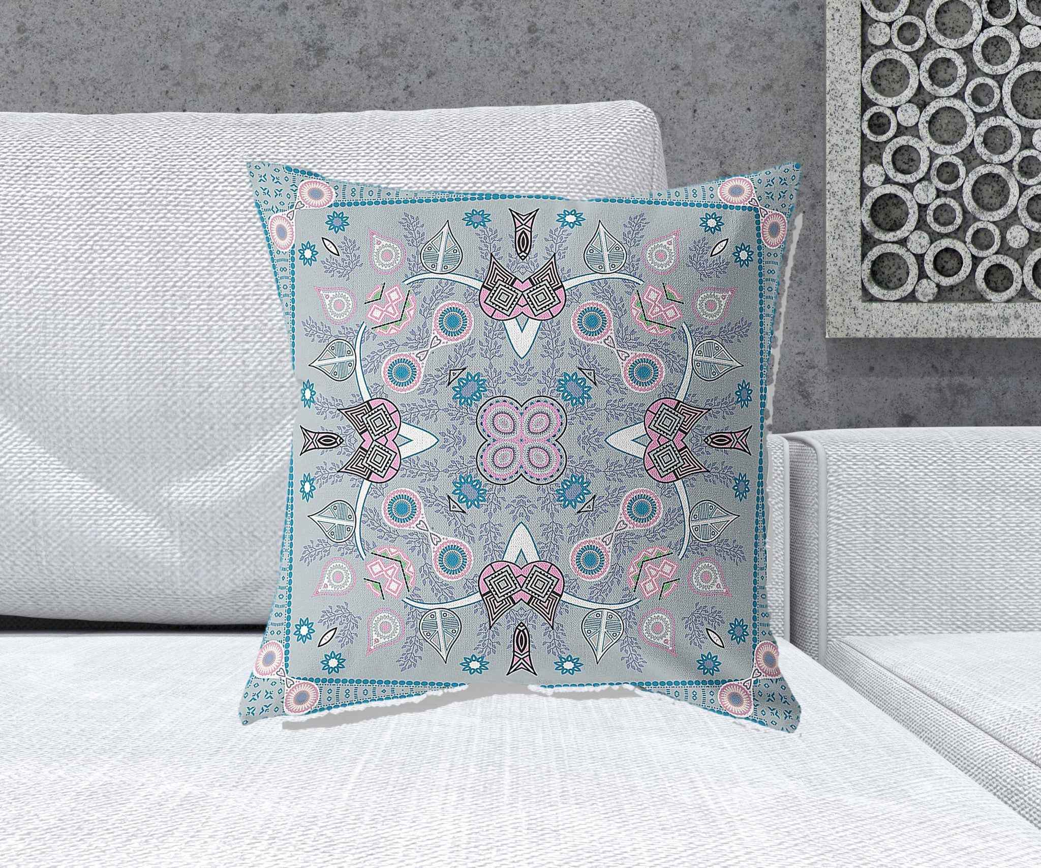 20" X 20" Grey And Pink Blown Seam Floral Indoor Outdoor Throw Pillow